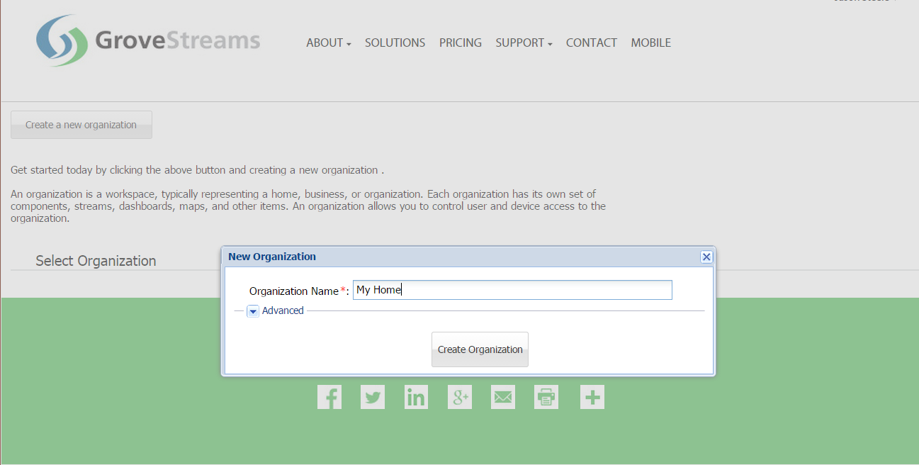 GroveStreams - Create Organization